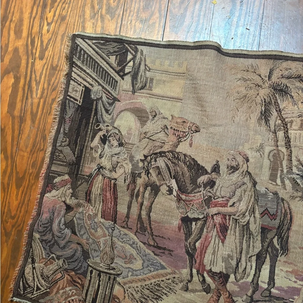 vintage Belgian tapestry depicting a Middle Eastern market scene